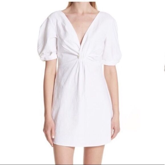 A.L.C Mirren Twist Front Mini Dress White Short Puffed Sleeve Linen Size 0 - Picture 1 of 15